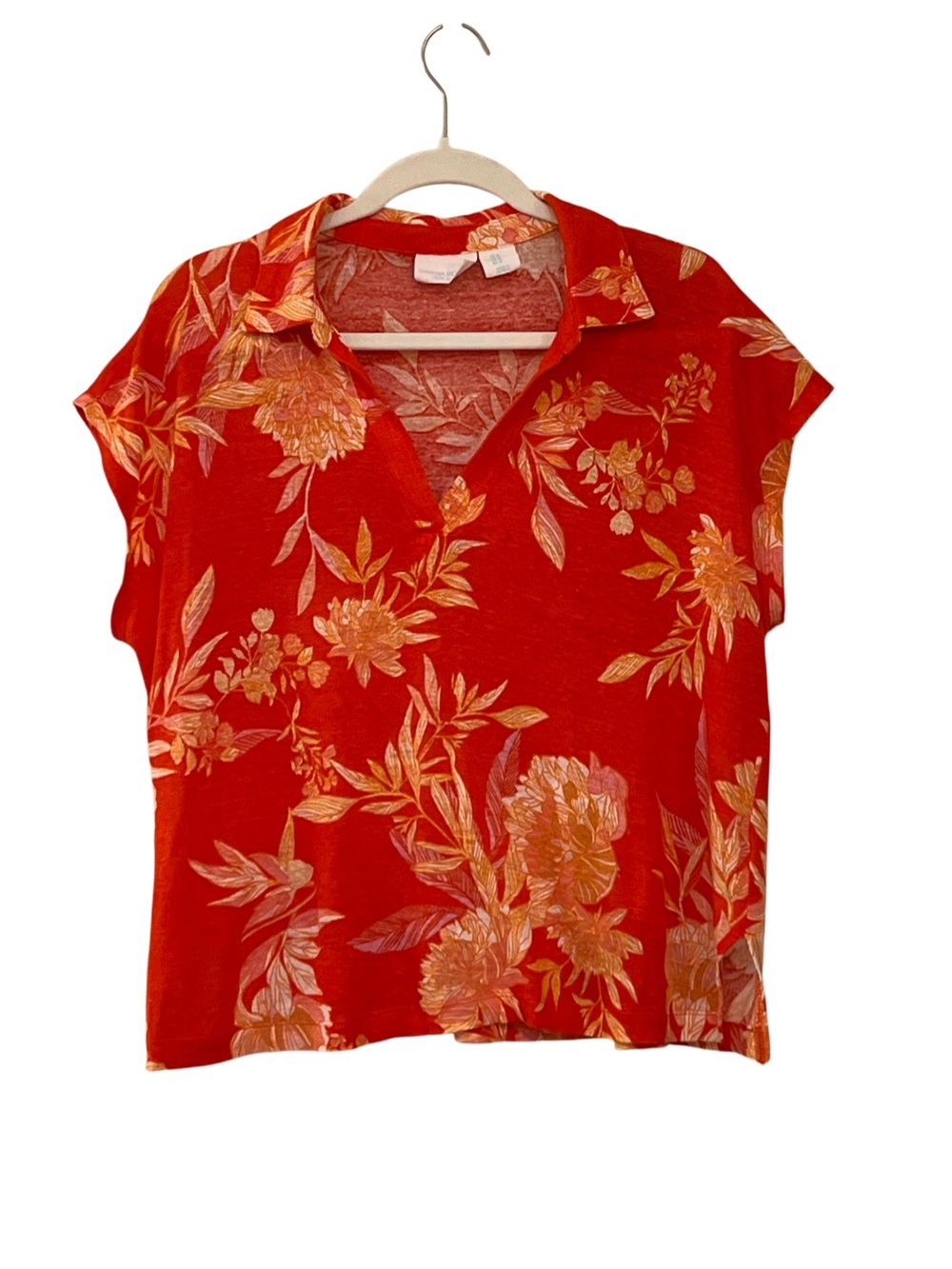 Cynthia Rowley 100% Linen Knit Floral Cap Sleeve Top Red Orange XL